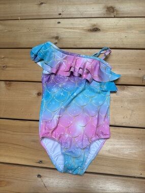 Girls One-Shoulder Mermaid Print Swimsuit in Pink & Blue